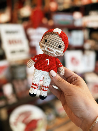 Crochet Football Player Rattle- Red/White