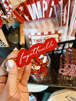 Red Fayetteville Cursive Keychain