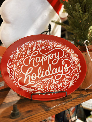 Happy Holidays Oval Bamboo Tray 12x15