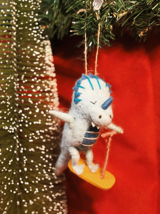 Handmade Wool Felt Dinosaur on Skateboard/Scooter Ornament