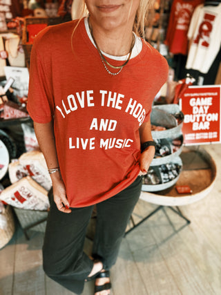 I Love The Hogs And Live Music Tee- Red