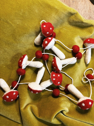 Wool Felt Mushrooms & Pom Poms Garland