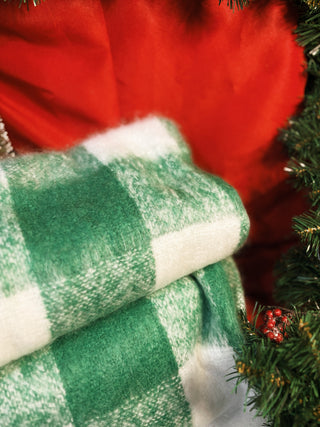 Green & White Plaid Woven Throw with Fringe
