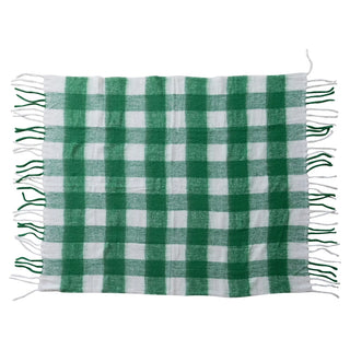 Green & White Plaid Woven Throw with Fringe