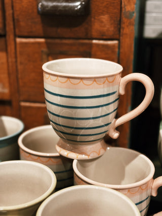 Footed Stoneware Mug- Pink w/ Blue Stripe