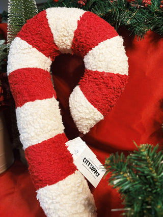 Cotton Sherpa Candy Cane Shaped Pillow