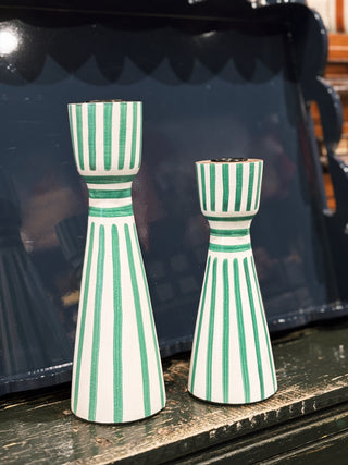 Green Striped Taper Candle Holders- Large