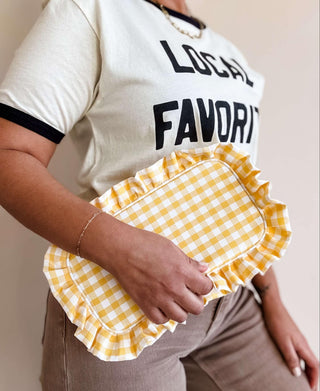 Gingham Ruffle Zipper Bag: Yellow