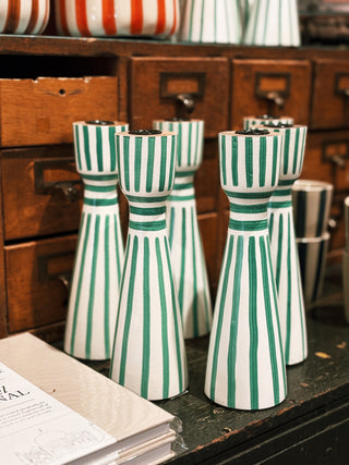 Green Striped Taper Candle Holders- Large