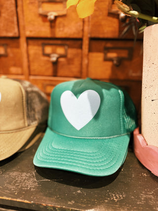 Happy Heart Trucker Hat: Kelly green + light blue