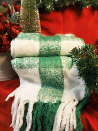 Green & White Plaid Woven Throw with Fringe