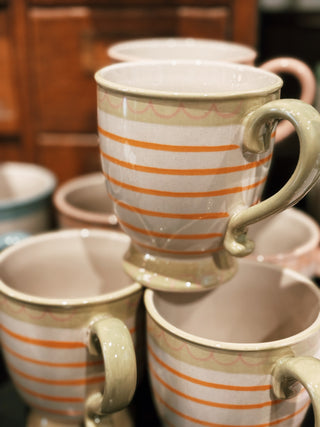 Footed Stoneware Mug- Green w/ Orange Stripe