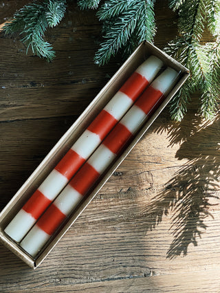 Unscented Striped Taper Candle- Ivory & Red