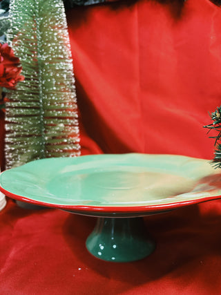 Stoneware Scalloped Red & Green Pedestal
