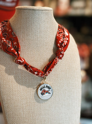Red Scarf Necklace w/ Glass Woo Pig Charm