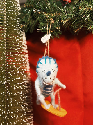 Handmade Wool Felt Dinosaur on Skateboard/Scooter Ornament