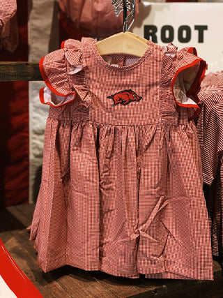 Arkansas Razorbacks Embroidered Red Gingham Ruffle Dress