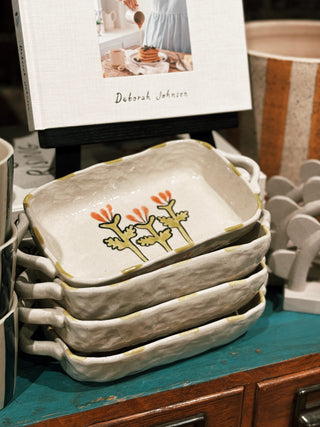 Green Flower Hand-Painted Stoneware Baking Dish