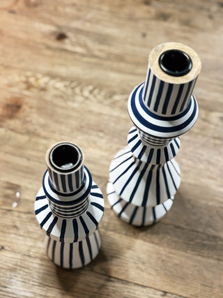 Blue and White Striped Taper Candle Holder