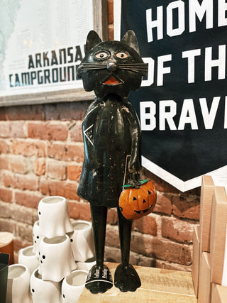 Iron Standing Black Halloween Cat Holding Pumpkin