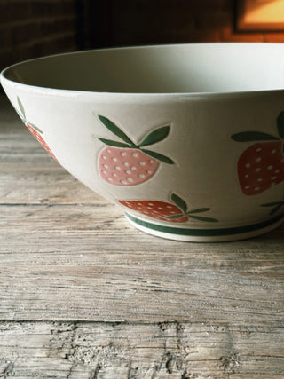 Hand-Painted Strawberries Stoneware Bowl