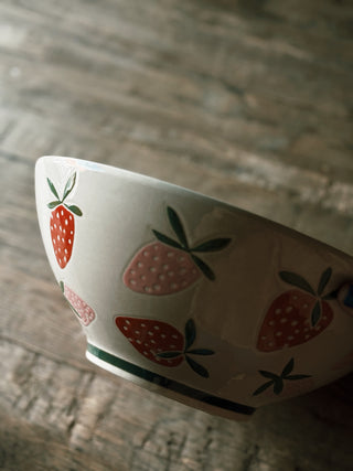 Hand-Painted Strawberries Stoneware Bowl