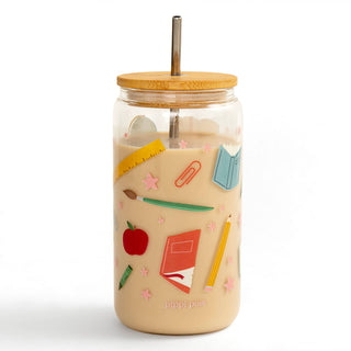 Teacher Icons Glass Cup w/ Straw