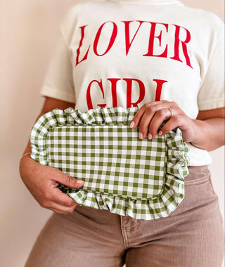Gingham Ruffle Zipper Pouch - Green