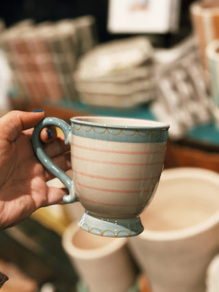 Footed Stoneware Mug- Blue w/ Pink Stripe