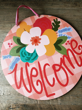 Welcome Pink Plaid Doorhanger