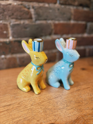 Hand-Painted Bunnies Ceramic Candle Holders- Set