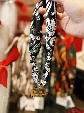 Satin Scarf with Pig Call 'Em Engraved Charm- Black