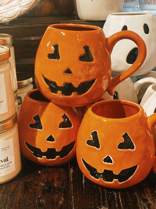 Debossed Stoneware Jack-O-Lantern Shaped Mug