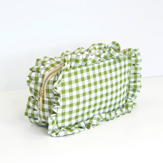 Gingham Ruffle Zipper Pouch - Green
