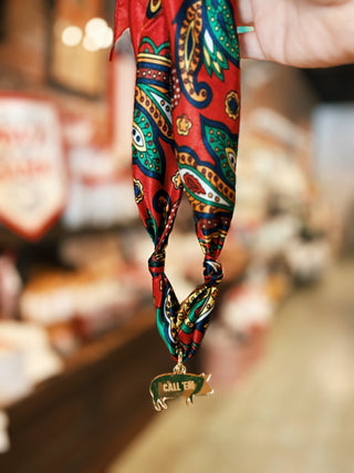 Satin Scarf with Pig Call 'Em Engraved Charm- Red