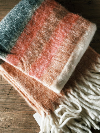 Brown and Pink Wool Throw w/ Stripes & Fringe