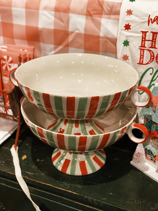 Striped Hand-Painted Stoneware Footed Bowl w/ Handles