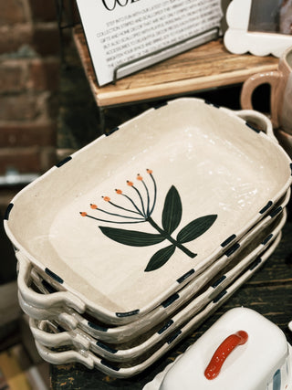 Blue Flower Hand-Painted Stoneware Baking Dish