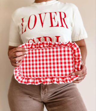 Gingham Ruffle Zipper Pouch - Red
