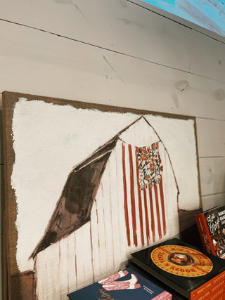 Plastered Burlap Wall Decor w/ Barn Flag