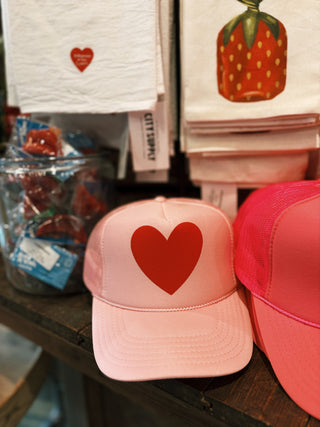 Happy Heart Trucker Hat: Light pink + red