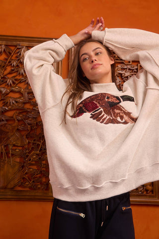 BUCKETLIST INC - IT2594E-MALLARD | 'MALLARD' Embroidered Mock-Neck Sweatshirt: ASH GREY / S/M-L/XL (3-3)