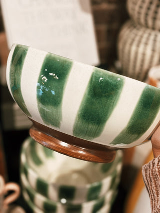 Green Striped Stoneware Footed Bowl