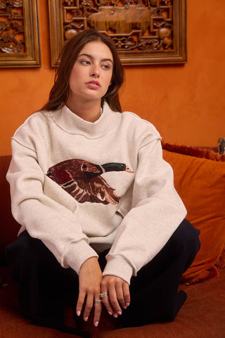 BUCKETLIST INC - IT2594E-MALLARD | 'MALLARD' Embroidered Mock-Neck Sweatshirt: ASH GREY / S/M-L/XL (3-3)