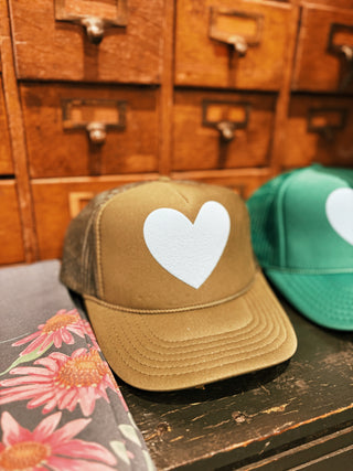 Happy Heart Trucker Hat: Olive + light blue