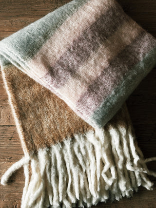 Brown and Blue Wool Throw w/ Stripes & Fringe