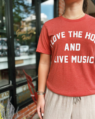 I Love The Hogs And Live Music Tee- Red