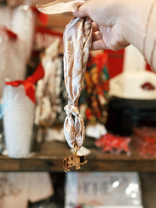 Satin Scarf with Pig Call 'Em Engraved Charm- Beige