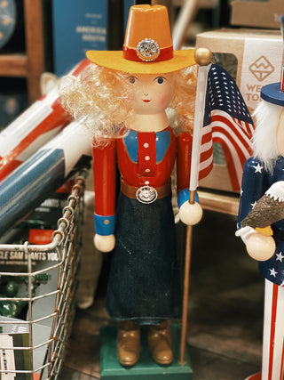 14" Cowgirl and Flag Nutcracker