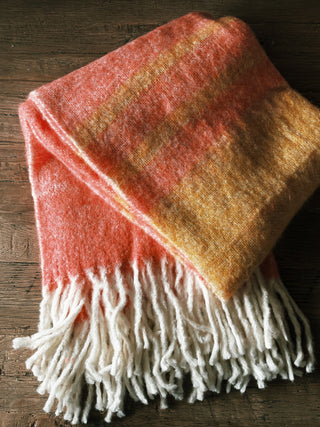 Pink and Yellow Wool Throw w/ Stripes & Fringe